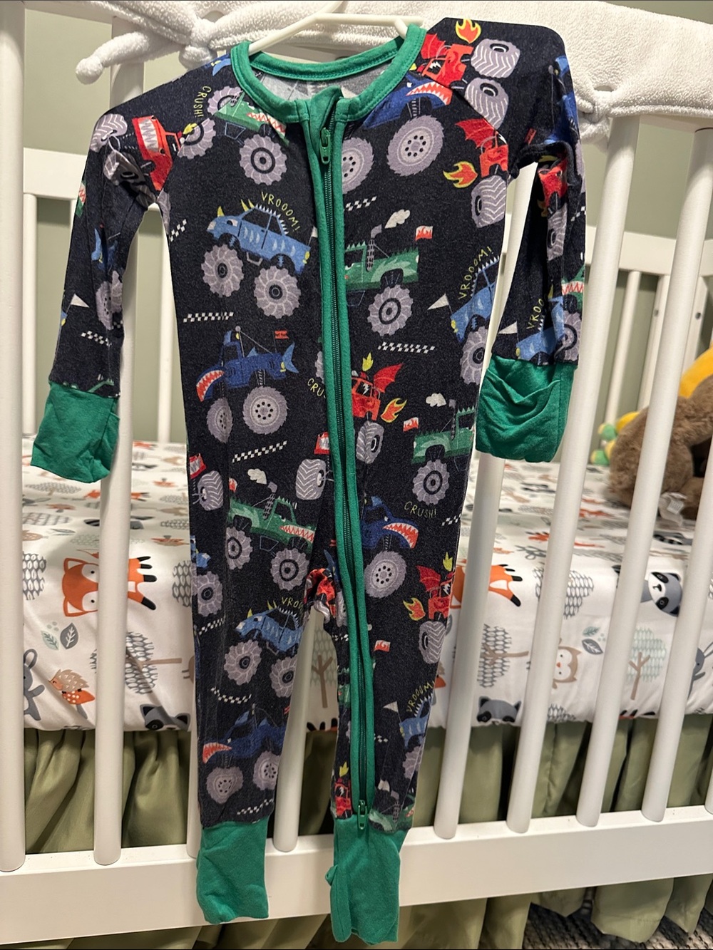 Little sleepies Navy Monster Truck Footed Zip One-Piece with Green Trim